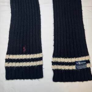 Polo Ralph Lauren Black Ribbed Knit Lambswool Cashmere Scarf Burgundy Pony Logo